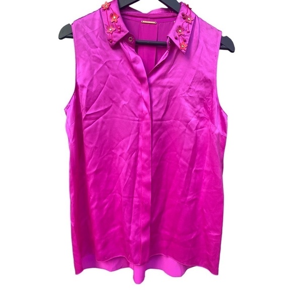 Elie Tahari Pink Passion Silk Blouse with Floral Collar | Size: S - Picture 2 of 16